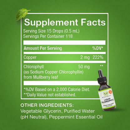 Suplemento de clorofila para nutrición benevolente, desintoxicación y apoyo inmunológico, desodorante interno - Gotas líquidas, sabor a menta natural, suministro para 4 meses, 59 ml