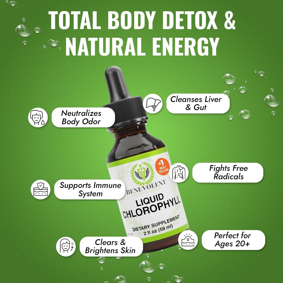 Suplemento de clorofila para nutrición benevolente, desintoxicación y apoyo inmunológico, desodorante interno - Gotas líquidas, sabor a menta natural, suministro para 4 meses, 59 ml