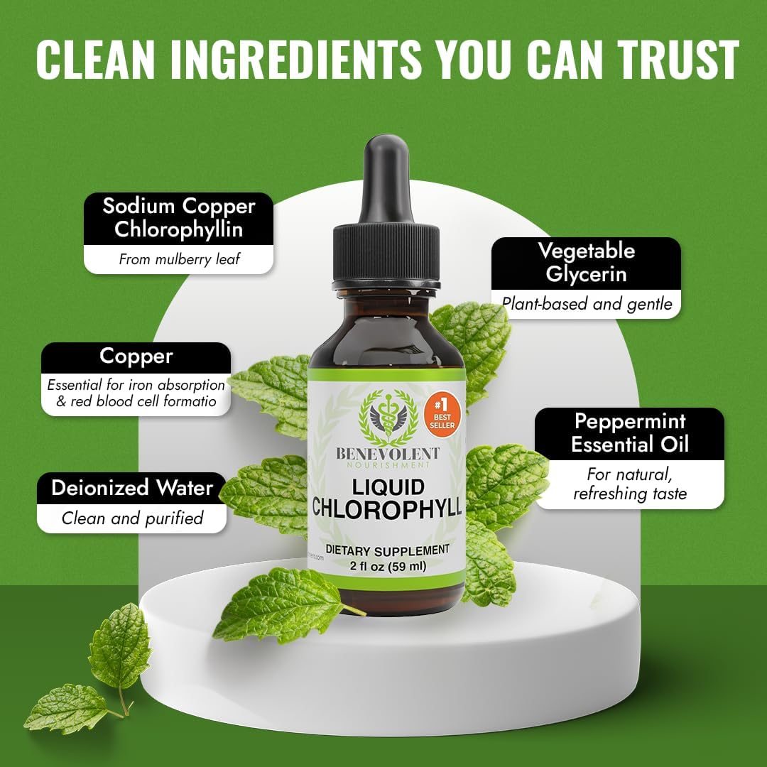 Suplemento de clorofila para nutrición benevolente, desintoxicación y apoyo inmunológico, desodorante interno - Gotas líquidas, sabor a menta natural, suministro para 4 meses, 59 ml