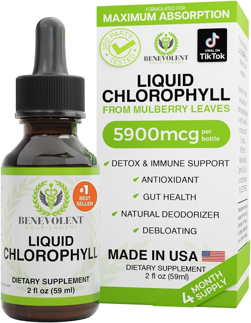 Suplemento de clorofila para nutrición benevolente, desintoxicación y apoyo inmunológico, desodorante interno - Gotas líquidas, sabor a menta natural, suministro para 4 meses, 59 ml