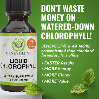 Suplemento de clorofila para nutrición benevolente, desintoxicación y apoyo inmunológico, desodorante interno - Gotas líquidas, sabor a menta natural, suministro para 4 meses, 59 ml