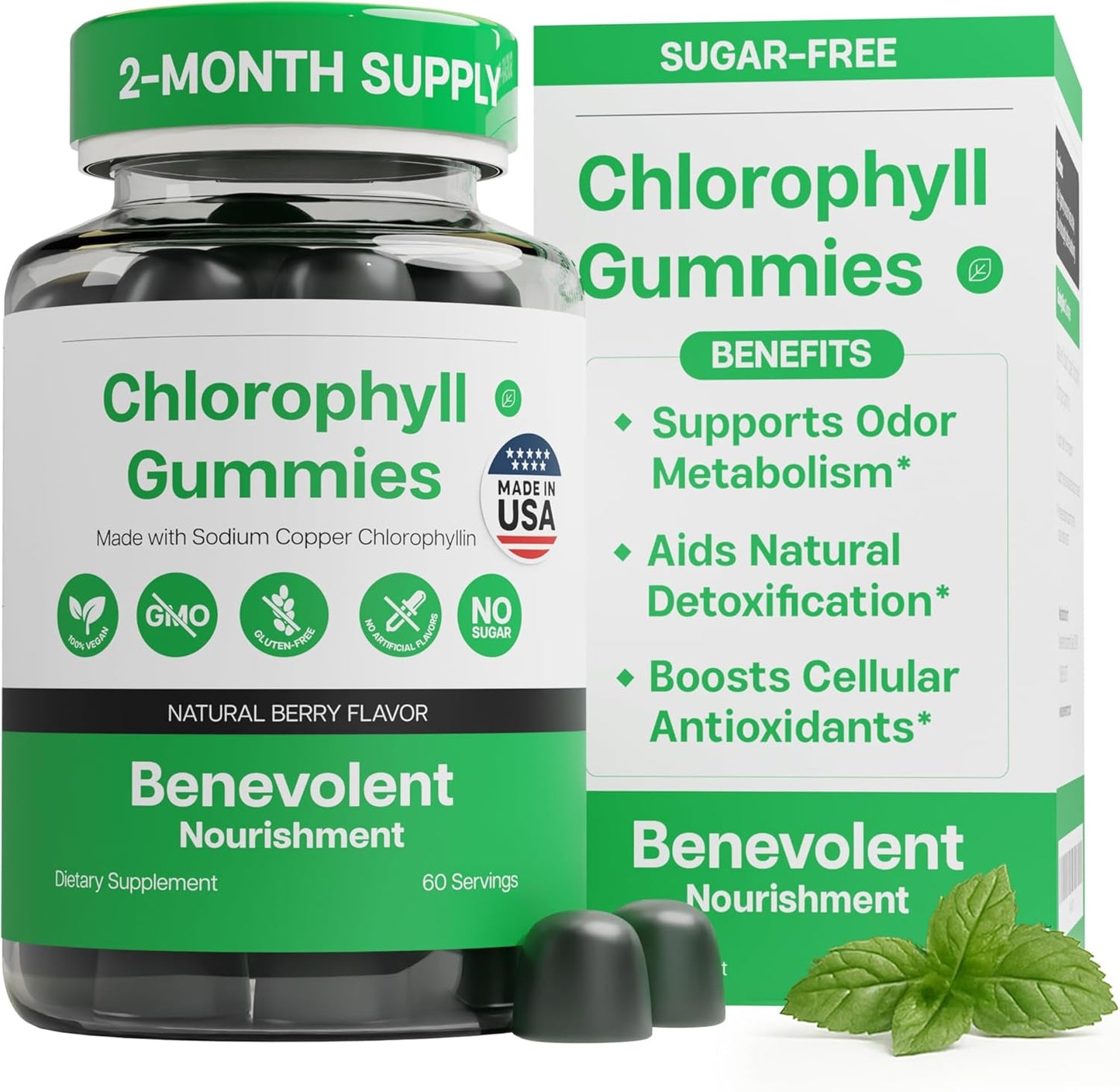 Suplemento de clorofila para nutrición benevolente, desintoxicación y apoyo inmunológico, desodorante interno - Gotas líquidas, sabor a menta natural, suministro para 4 meses, 59 ml