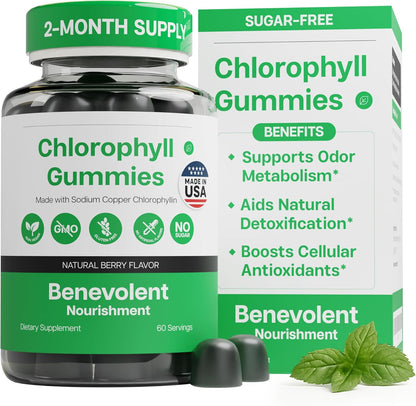 Suplemento de clorofila para nutrición benevolente, desintoxicación y apoyo inmunológico, desodorante interno - Gotas líquidas, sabor a menta natural, suministro para 4 meses, 59 ml