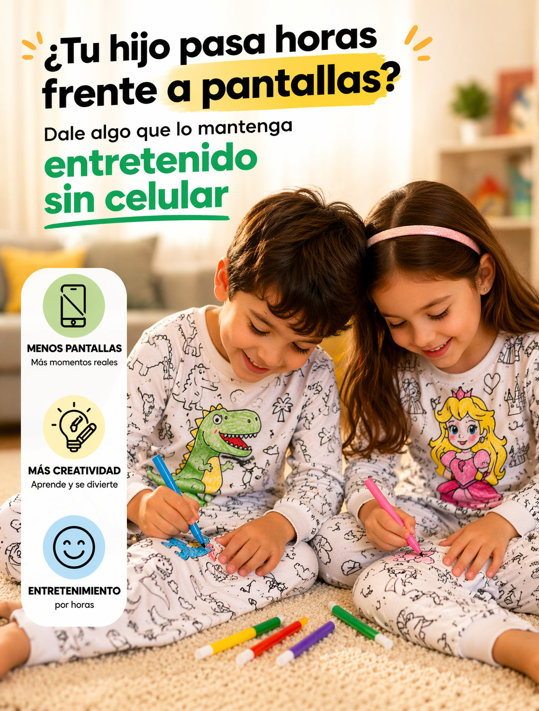 ColoreaWear™ – Pijama Creativa Lavable + Kit de 12 marcadores - Diversión sin pantallas
