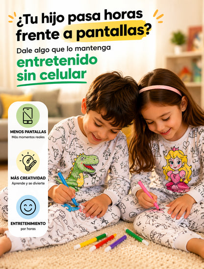 ColoreaWear™ – Pijama Creativa Lavable + Kit de 12 marcadores - Diversión sin pantallas